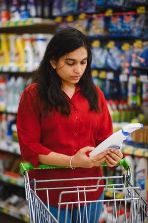 Indian woman evaluating a cleaning spray bottle in a supermarket aisle, pushing a shopping cart during grocery shoppingの写真素材