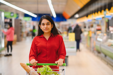 Indian woman pushing a shopping cart filled with fresh produce, performing her daily or weekly grocery shoppingの写真素材