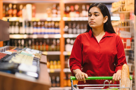 Woman shelves browsing with alcohol bottles, pushing a shopping cart with groceries. Concept of consumerism and retailの写真素材