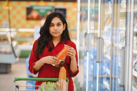 Woman shopping for groceries, choosing items from refrigerated section, pushing a cart with bread and lettuceの写真素材