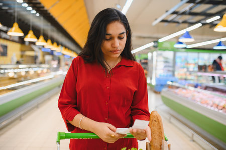 Young woman reviewing her shopping list and receipt in a supermarket aisle, focusing on budget and expensesの写真素材