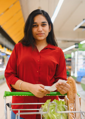 Indian woman reading her shopping list on a paper while pushing a cart filled with fresh vegetables and bread in a supermarketの写真素材