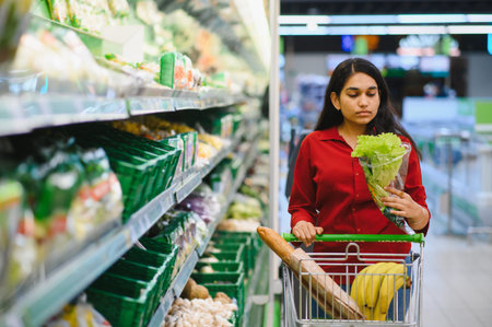 Woman standing in a grocery store, holding lettuce and pushing a shopping cart filled with bread and bananasの写真素材