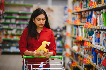 Young woman shopping for household chemicals, carefully reading label on a spray bottle in a grocery store aisleの写真素材
