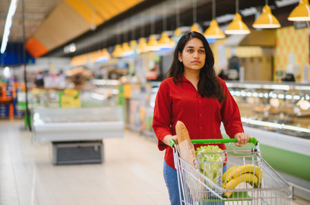 Woman pushing shopping cart brimming with fresh produce and groceries down bright, clean supermarket...
