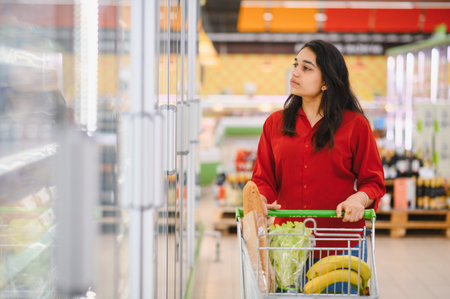 Young woman pushing a shopping cart filled with fresh produce, looking at products in a refrigerated displayの写真素材