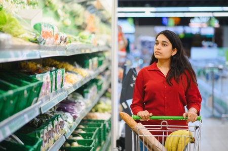 Young woman pushing a shopping cart down a grocery store aisle, looking at fresh produce and making healthy food choicesの写真素材