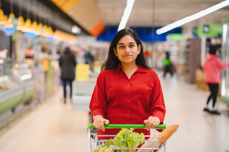 Young Indian woman pushing a grocery cart filled with fresh produce and bread, looking at the camera in a supermarket aisleの写真素材