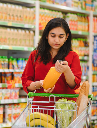 Woman holding an orange juice bottle, comparing products in a grocery store, shopping for healthy foodの写真素材