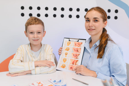 Child and woman therapist working on speech exercises, focusing on articulation practice using...