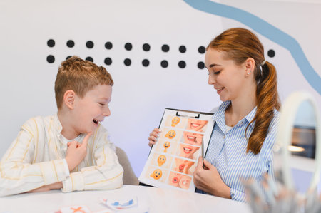 Young boy smiling while speech therapist explains facial expressions and mouth movements from a chart during a development sessionの写真素材