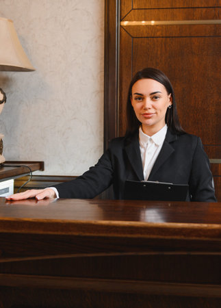 Professional woman working at a hotel reception, providing excellent customer service in the hospitality industryの写真素材