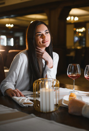Young woman smiling during a candlelit dinner, celebrating a special occasion with wine in a sophisticated restaurant settingの写真素材