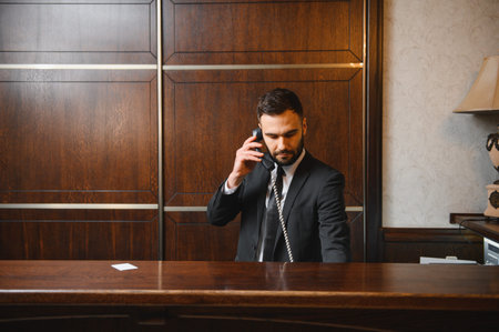 Professional man working at a hotel reception, providing customer service and handling inquiries over the phoneの写真素材