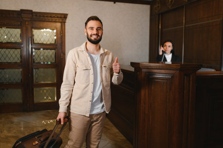 Happy man checking out from hotel, pulling luggage and showing approval gesture. Receptionist working in the backgroundの写真素材