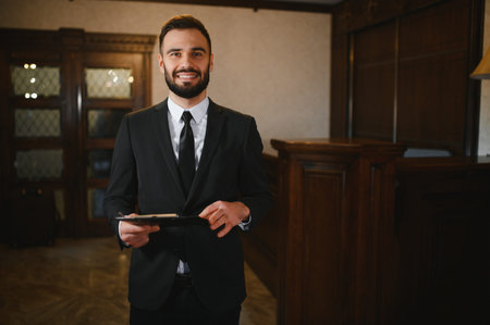 Hospitality manager standing at the reception desk, smiling at camera, providing excellent service in a luxury hotel lobbyの写真素材