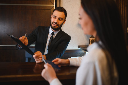Male receptionist helping a female guest with check in process, holding documents and a pen at the hotel lobby deskの写真素材