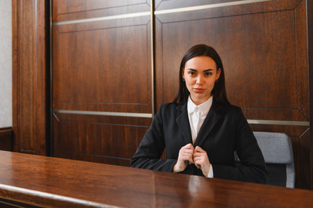 Female hotel receptionist standing behind a polished wooden desk, greeting clients with a professional and friendly expressionの写真素材