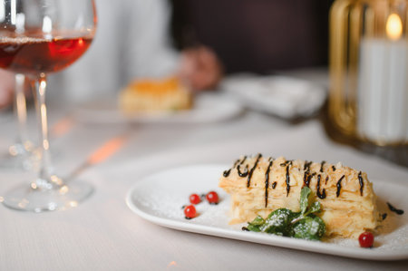 Napoleon cake dessert with chocolate sauce and red currants, paired with a glass of red wine at a romantic restaurant dinnerの写真素材