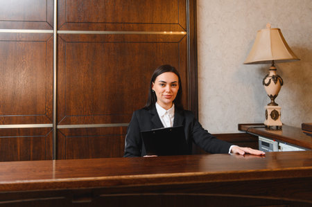 Woman standing behind a wooden reception desk in a hotel lobby, holding a clipboard and smiling for serviceの写真素材