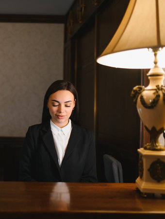 Young woman working as a professional receptionist at a hotel front desk, providing service and hospitality in a lobbyの写真素材