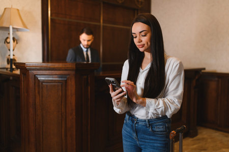 Guest using phone for contactless check in at reception desk while hotel staff waits in the backgroundの写真素材