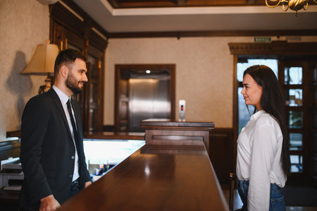 Man working as a hotel receptionist standing behind the counter, smiling, and assisting a female guest in the lobbyの写真素材