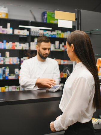 Pharmacist standing at counter assisting a customer with her purchase, medicine and products arranged on shelves in the backgroundの写真素材