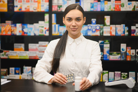 Young pharmacist woman holding a blister pack and prescription bottle, working in a modern pharmacy with shelves in backgroundの写真素材