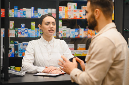 Pharmacist standing at counter, serving and consulting a male customer about health and prescription medicines in a drugstoreの写真素材