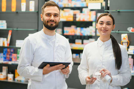Two smiling pharmacists in white coats collaborating in a modern pharmacy. Man holding tablet, woman holding medicationの写真素材