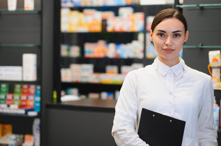 Professional female pharmacist in a white coat holding a clipboard, standing in a pharmacy with medicine shelvesの写真素材