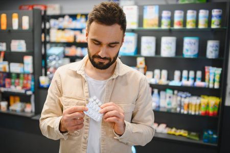 Man holding a blister pack of pills, carefully checking medication. Shopping for healthcare products in a modern drugstoreの写真素材