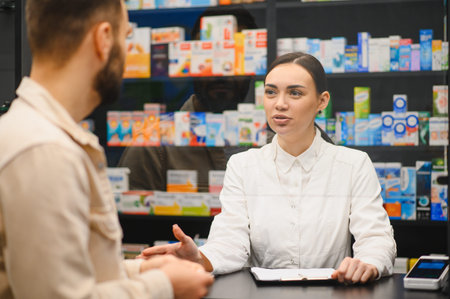 Pharmacist in white coat providing health consultation to a bearded male customer at the counter, with shelves of medication in the backgroundの写真素材