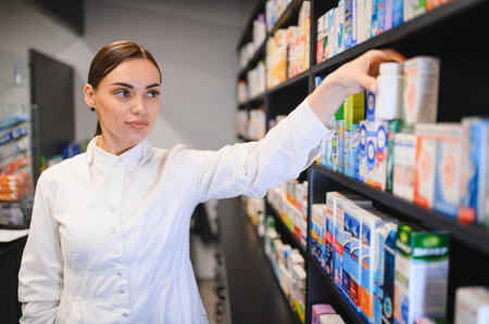 Female pharmacist selecting a product from a diverse range of medications and healthcare items in a modern drugstoreの写真素材