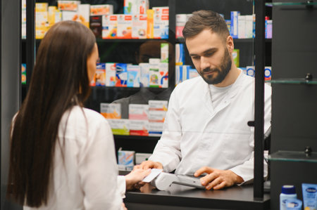 Pharmacist standing at the counter, processing a contactless payment for a customer in a modern pharmacy. Healthcare and service conceptの写真素材