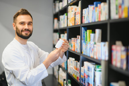 Pharmacist working in a modern pharmacy, holding a medication bottle and smiling, providing healthcare serviceの写真素材