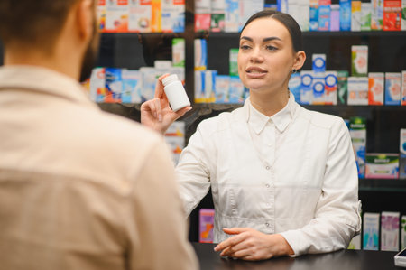Pharmacist holding medicine bottle and consulting a customer in a healthcare setting, providing drug informationの写真素材
