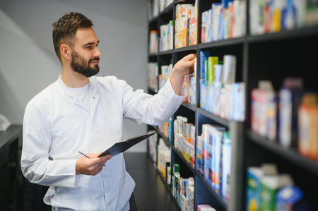 Pharmacist man wearing a white coat checking medicine products on shelves, holding a clipboard and pen. Healthcare professional workingの写真素材