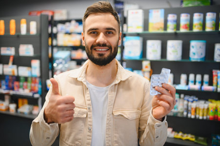Happy customer finding the right medication in a modern pharmacy. Showing satisfaction with health care productsの写真素材