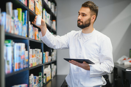 Pharmacist working in a drugstore, holding a tablet and picking up medicine from shelves, managing inventoryの写真素材