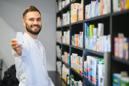 Smiling male pharmacist offering medication to customers, standing in front of shelves filled with pharmaceutical productsの写真素材