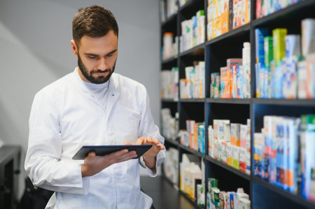 Pharmacist checking medicine inventory and patient information on a digital tablet in a modern pharmacy with shelves stocked with productsの写真素材
