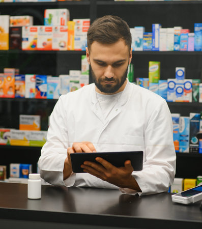 Pharmacist in white coat stands behind counter using a digital tablet to check prescriptions, manage inventory and assist customersの写真素材