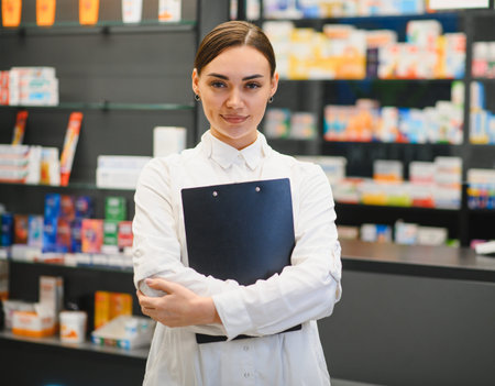 Young female pharmacist smiling, working in a modern drugstore. Providing healthcare service and medication adviceの写真素材
