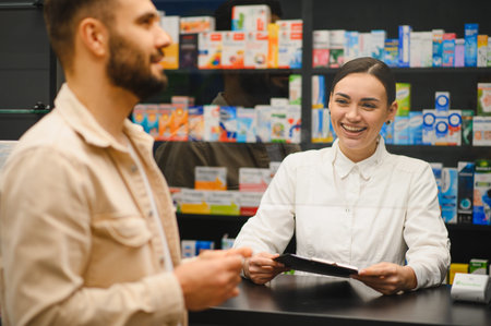 Friendly pharmacist providing consultation and medication to a male customer at the counter, ensuring professional healthcare serviceの写真素材