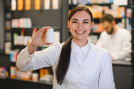 Young female pharmacist smiling, holding a white medicine bottle in a pharmacy with shelves and another person in the backgroundの写真素材