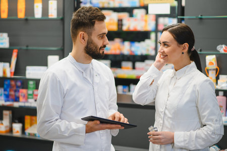 Two pharmacists, a man holding a tablet and a woman holding medicine, talking in a pharmacy with shelves of productsの写真素材