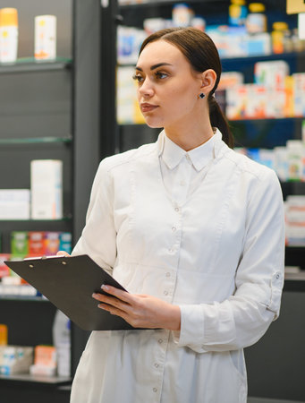 Young woman pharmacist wearing white coat, holding a clipboard, standing in a pharmacy aisle surrounded by medicinesの写真素材