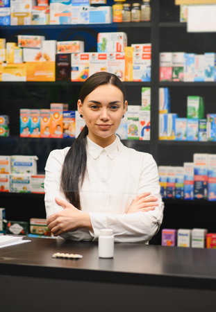 Young female pharmacist standing confidently behind a counter in a modern pharmacy, drugs and medicines on shelvesの写真素材
